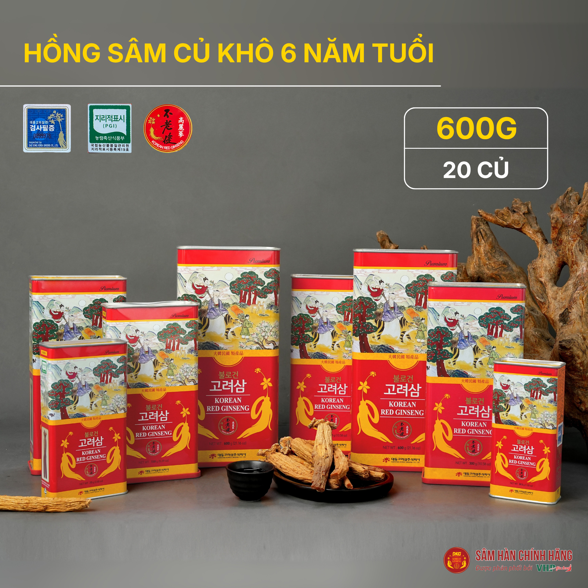 Hồng sâm củ khô 600g loại 20 củ Hồng sâm củ khô 6 năm tuổi (Korean Red Ginseng 6Y 20 Root) 600g/hộp