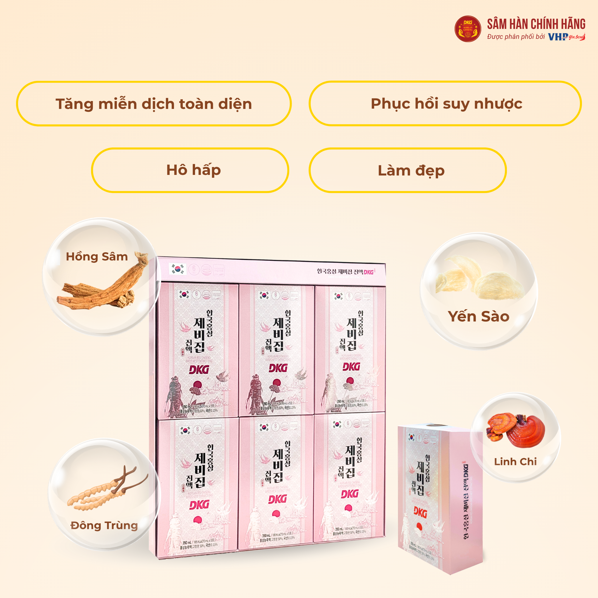 Yến sào hồng sâm DKG 1 Nước Yến Sào Hồng Sâm DKG (Korean red ginseng Bird's nest Extract DKG) 70ml*30gói/hộp